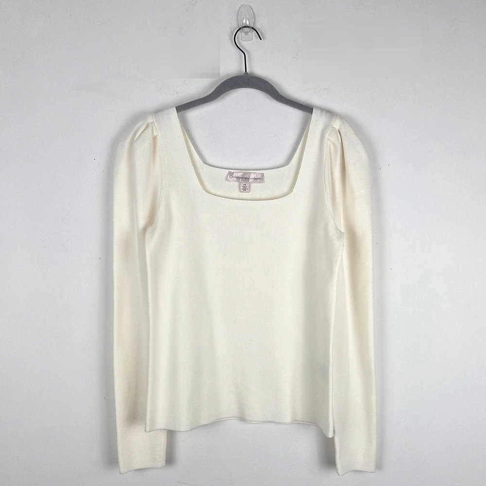 Catherine Malandrino Cream Square Neck Puff Sleeve Knit Sweater Top‎ Women's L